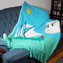 Tunisian Crochet Sailboat Blanket, 54x46, Faux Fur Lined Afghan Throw - thumbnail 2