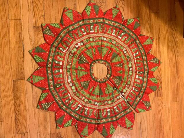 Christmas Tree Skirt, Debbie Mumm Fabric, Quilted, Trees, Red, Green Strip, Stockings, Snowman - image 1