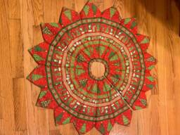 Christmas Tree Skirt, Debbie Mumm Fabric, Quilted, Trees, Red, Green Strip, Stockings, Snowman - thumbnail 1
