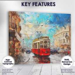 Vintage Red City Tram Urban Street Painting Canvas Wall Art Print Decor Picture Ready To Hang - thumbnail 1