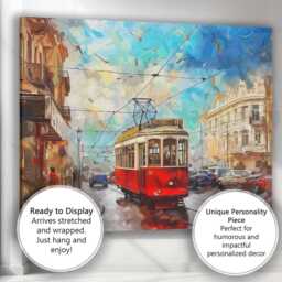Vintage Red City Tram Urban Street Painting Canvas Wall Art Print Decor Picture Ready To Hang - thumbnail 3