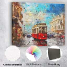 Vintage Red City Tram Urban Street Painting Canvas Wall Art Print Decor Picture Ready To Hang - thumbnail 2