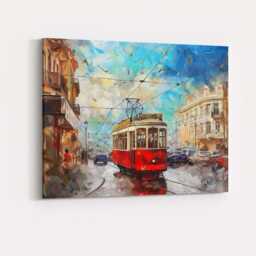 Vintage Red City Tram Urban Street Painting Canvas Wall Art Print Decor Picture Ready To Hang - thumbnail 4