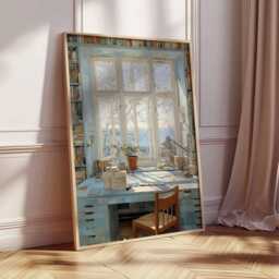 Cozy Study Room Poster - Serene Window Desk Art Print Vintage Painterly Wall Peaceful Reading Nook Decor Calm Home Office - thumbnail 2