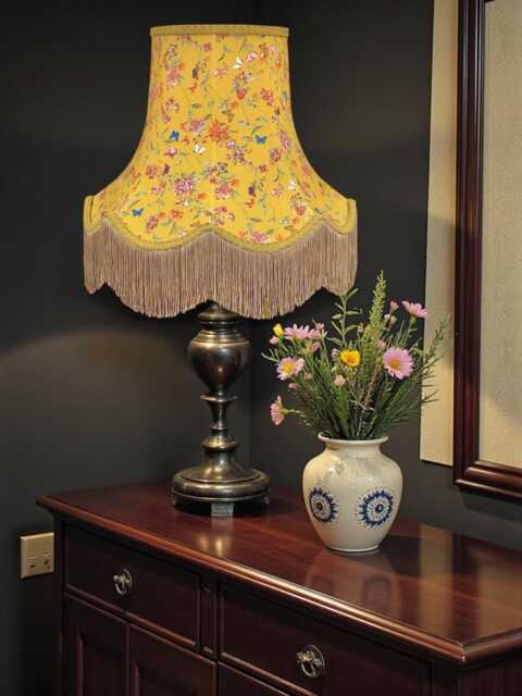 Ochre Butterfly Floral Lampshade With Antique Gold Fringe Handmade For Ceiling Lights, Table & Floor Standard Lamp Shades, Wall Lights - image 1
