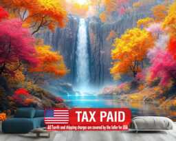Fantasy Waterfall Wallpaper Mural, Autumn Trees Flowers Art Print - thumbnail 1
