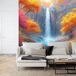 Fantasy Waterfall Wallpaper Mural, Autumn Trees Flowers Art Print - thumbnail 2