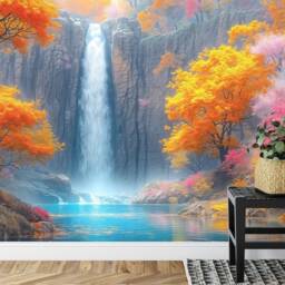 Fantasy Waterfall Wallpaper Mural, Autumn Trees Flowers Art Print - thumbnail 3