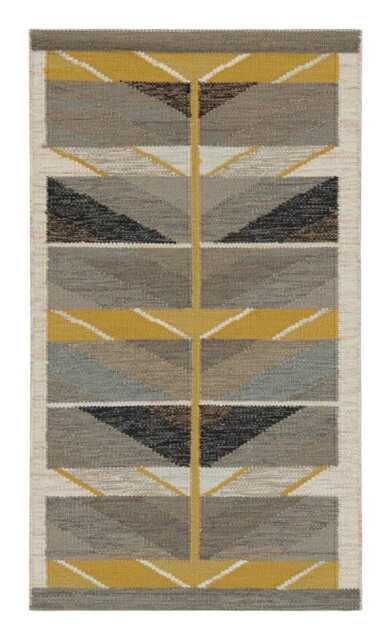 Hand Made Swedish Kilim Rug Grey & Gold Wool, Scandinavian Design Boho Decor - image 1