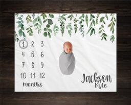 Greenery Milestone Blanket, Monthly Growth Tracker, Personalized Baby Custom Shower Gift, New Boy