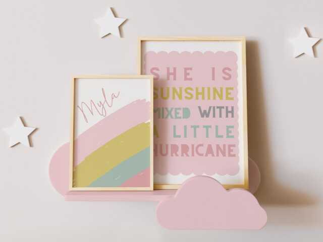 She Is Sunshine Print, Affirmation, Personalised Name, Girls Room Decor, Childrens Nursery, Pastel Wall Set Of 2 Prints - image 1
