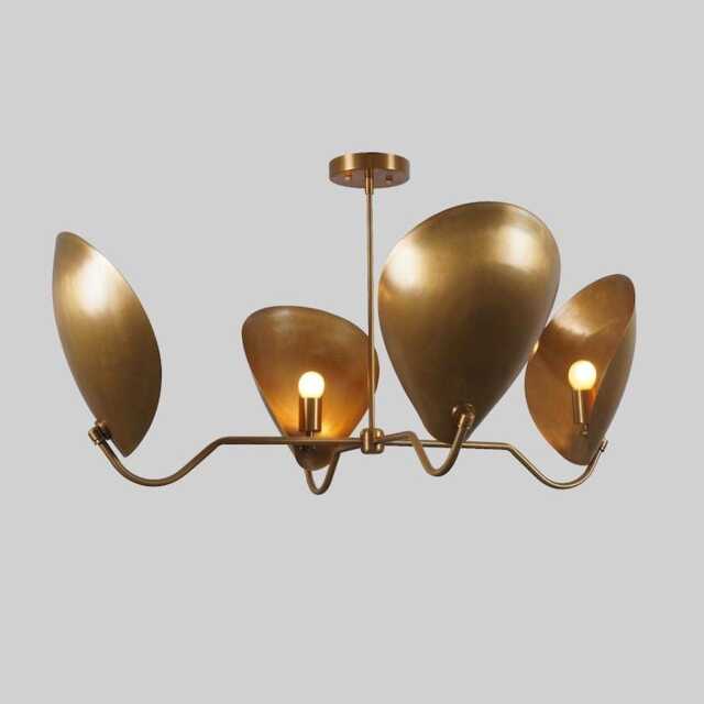 Mid-Century Sputnik Chandelier - Raw Brass Curved Disk Light - image 1