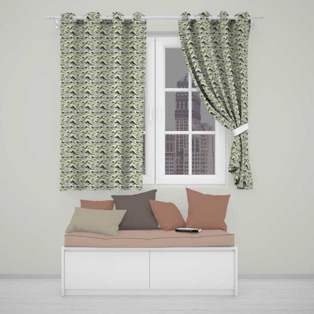 Vintage Neutral Japanese Wave Pattern Seamless Design Readymade Eyelet Ring Top Thermal 100% Blackout Curtains - image 1