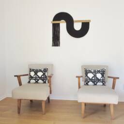 Black Wavy Tapestry Handmade Cotton Cord Fringe Wall Hanging - thumbnail 3