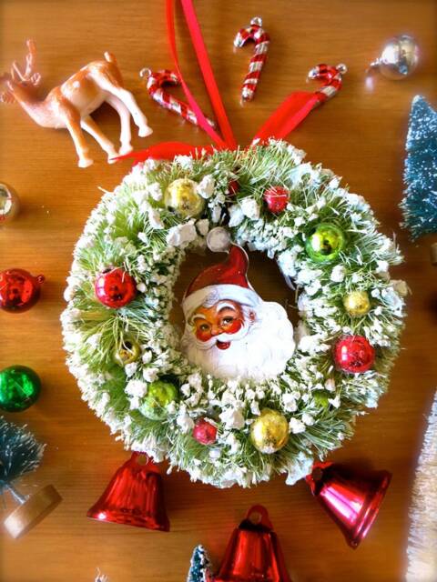 Etsy's Pick-Retro Santa Flocked Bottle Brush Christmas Wreath-Mini Green Wreath with Bulbs-Mini Merry Wreath-Santa Claus Ornaments - image 1