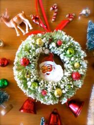 Etsy's Pick-Retro Santa Flocked Bottle Brush Christmas Wreath-Mini Green Wreath with Bulbs-Mini Merry Wreath-Santa Claus Ornaments - thumbnail 1