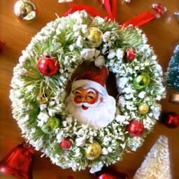 Etsy's Pick-Retro Santa Flocked Bottle Brush Christmas Wreath-Mini Green Wreath with Bulbs-Mini Merry Wreath-Santa Claus Ornaments - thumbnail 2