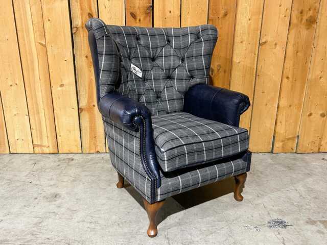 British Handmade Grey Herringbone Tweed With Night Blue Leather High Round Back Wing Chair - image 1
