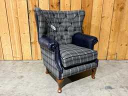 British Handmade Grey Herringbone Tweed With Night Blue Leather High Round Back Wing Chair