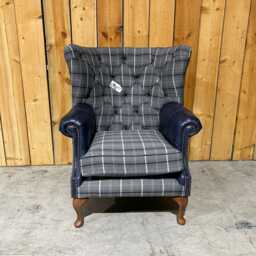British Handmade Grey Herringbone Tweed With Night Blue Leather High Round Back Wing Chair - thumbnail 2