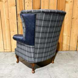 British Handmade Grey Herringbone Tweed With Night Blue Leather High Round Back Wing Chair - thumbnail 3