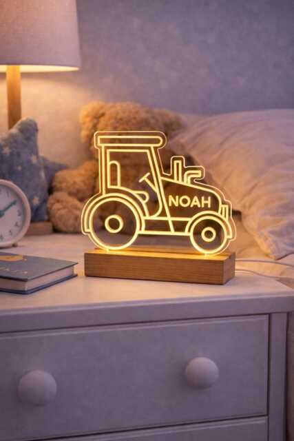 Personalised Tractor Night Light For Kids - Custom Name Led Lamp Transport Bedroom Decor - image 1