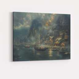 Atmospheric Coastal Harbour Village Evening Landscape Painting Canvas Wall Art Print Decor Picture Ready To Hang - thumbnail 4