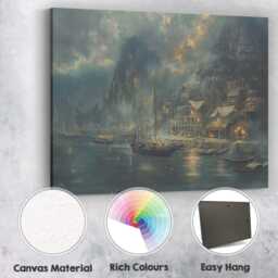 Atmospheric Coastal Harbour Village Evening Landscape Painting Canvas Wall Art Print Decor Picture Ready To Hang - thumbnail 2