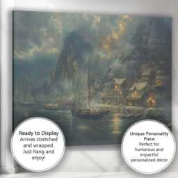 Atmospheric Coastal Harbour Village Evening Landscape Painting Canvas Wall Art Print Decor Picture Ready To Hang - thumbnail 3