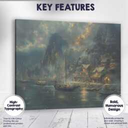 Atmospheric Coastal Harbour Village Evening Landscape Painting Canvas Wall Art Print Decor Picture Ready To Hang - thumbnail 1