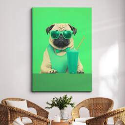 Vibrant Pug Drinking With Glasses Dog Painting Framed Poster Print & Canvas Wall Decor Art Bedroom Home Interior Gift For Lover