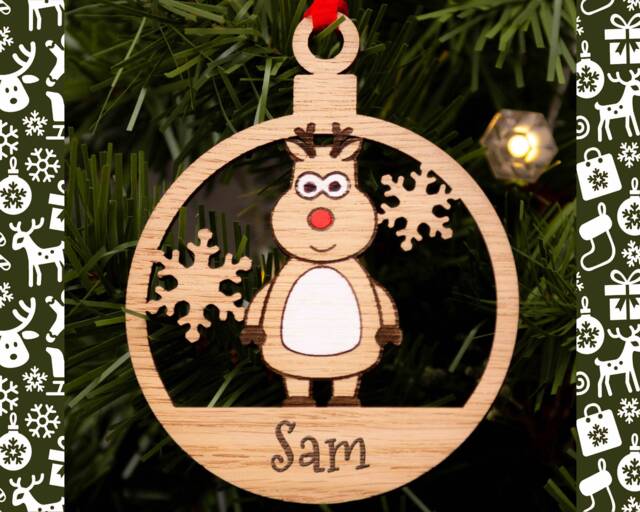 Childs Christmas Decoration, Personalised Bauble, Wood Engraved Xmas Ornament, Reindeer Boy Or Girl, Tree Santa - image 1