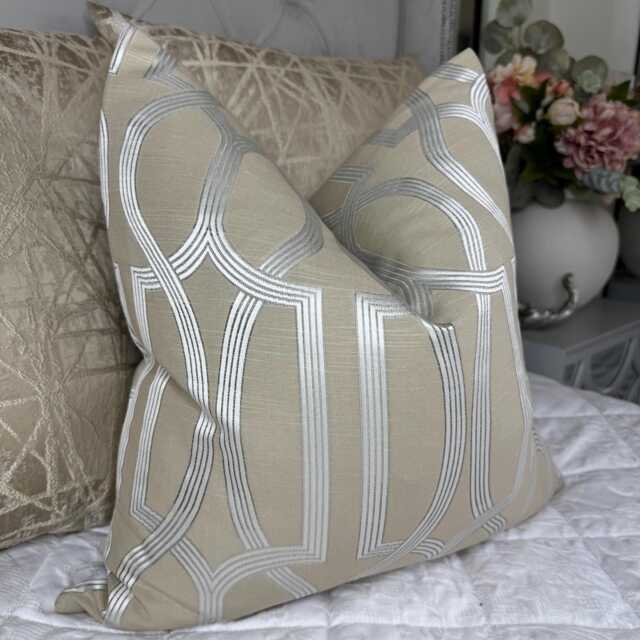 Luxury Taupe Cushion Cover, Geometric Pillow Designer Scatter Silver Prestigious Textiles Fabric - image 1