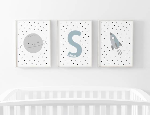 Neutral Personalised Name Prints, Space Set Of 3, Baby Boy Print, Nursery Wall Art, Boys Bedroom, Rocket - image 1