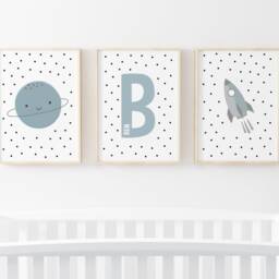 Neutral Personalised Name Prints, Space Set Of 3, Baby Boy Print, Nursery Wall Art, Boys Bedroom, Rocket - thumbnail 2