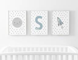 Neutral Personalised Name Prints, Space Set Of 3, Baby Boy Print, Nursery Wall Art, Boys Bedroom, Rocket - thumbnail 1