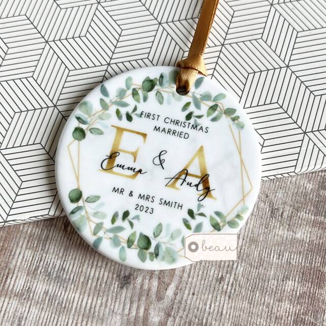 Personalised First Christmas Married Wedding Gift Mr Mrs Newlywed Wreath Greenery Design Ceramic Or Acrylic Round Ornament Keepsake