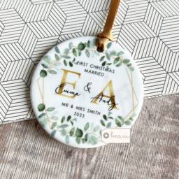 Personalised First Christmas Married Wedding Gift Mr Mrs Newlywed Wreath Greenery Design Ceramic Or Acrylic Round Ornament Keepsake