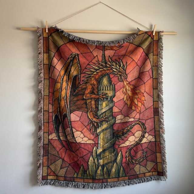 stained Glass Dragon Woven Blanket, Fantasy Castle Tower Tapestry Throw, Medieval Wall Hanging, Gothic Home Decor Gift - image 1