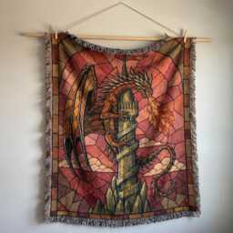 stained Glass Dragon Woven Blanket, Fantasy Castle Tower Tapestry Throw, Medieval Wall Hanging, Gothic Home Decor Gift - thumbnail 1