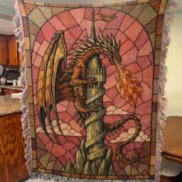stained Glass Dragon Woven Blanket, Fantasy Castle Tower Tapestry Throw, Medieval Wall Hanging, Gothic Home Decor Gift - thumbnail 2