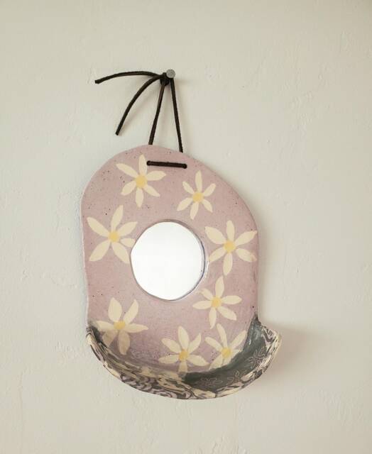 Ceramic Daisy Flower Wall Mirror With Shelf - image 1