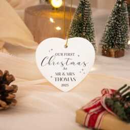 First Christmas Married Bauble, Personalised Mr & Mrs Ornament, Couple Keepsake, 1st As & Decor - thumbnail 3