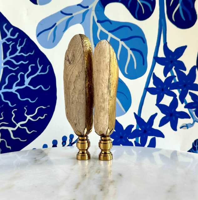 Golden Driftwood Lamp Finials On Shiny Brass Hardware - A Matching Pair Of Gold-Gilded Toppers - image 1