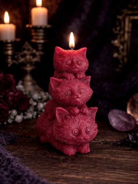 Cute Stack Of Kittens Burgundy Beeswax Candle, Red Playful Cat Lover Candle Gift, Whimsy Candles, Whimsigoth Decor - image 1
