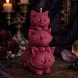 Cute Stack Of Kittens Burgundy Beeswax Candle, Red Playful Cat Lover Candle Gift, Whimsy Candles, Whimsigoth Decor - thumbnail 2