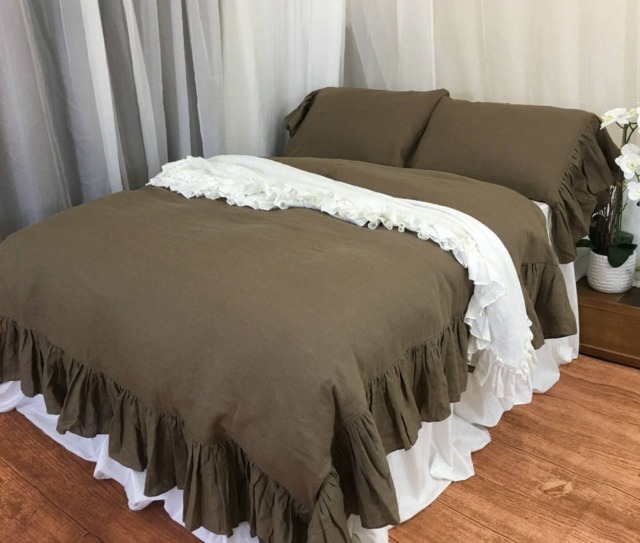 Cedar Dark Brown Natural Linen Duvet Cover With Mermaid Long Ruffles, Sumptuous Style - image 1