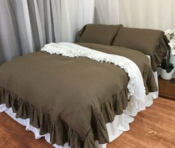 Cedar Dark Brown Natural Linen Duvet Cover With Mermaid Long Ruffles, Sumptuous Style