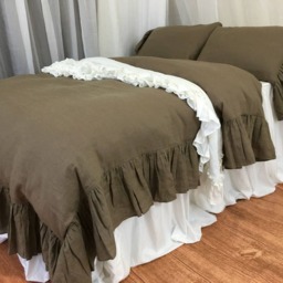 Cedar Dark Brown Natural Linen Duvet Cover With Mermaid Long Ruffles, Sumptuous Style - thumbnail 4