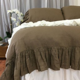Cedar Dark Brown Natural Linen Duvet Cover With Mermaid Long Ruffles, Sumptuous Style - thumbnail 2